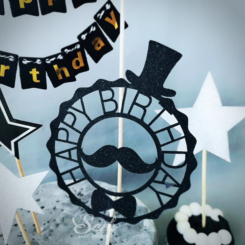 Decoração de bolo com borla "feliz aniversário", chapéu da estrela dourado preto com borla "feliz aniversário" coleção de bolo, presentes de festa de aniversário e casamento