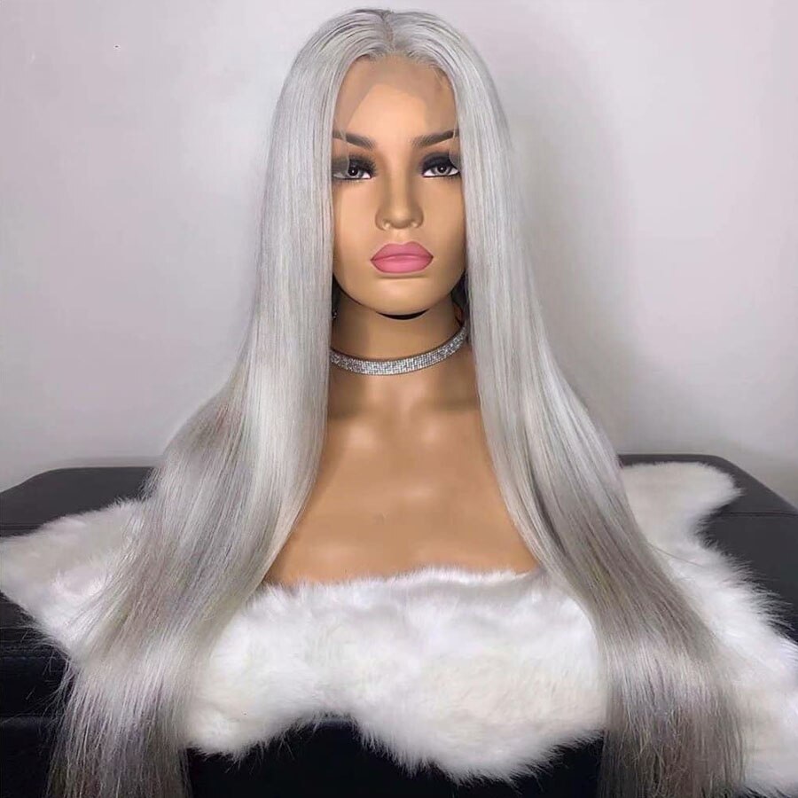 Straight Synthetic Lace Front Wig For Women Platinum Ash Grey Long Hair Heat Resistant Fiber Synthetic Wig Natural Hairline