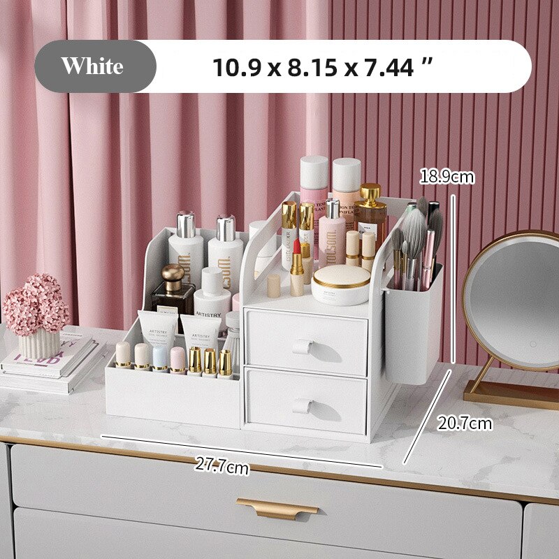 Dresser Organizer For Cosmetics Box Plastic Table Facial Makeup Dust-proof Drawer Rack Bathroom Living Room Storage Container: 1 plus 1 White
