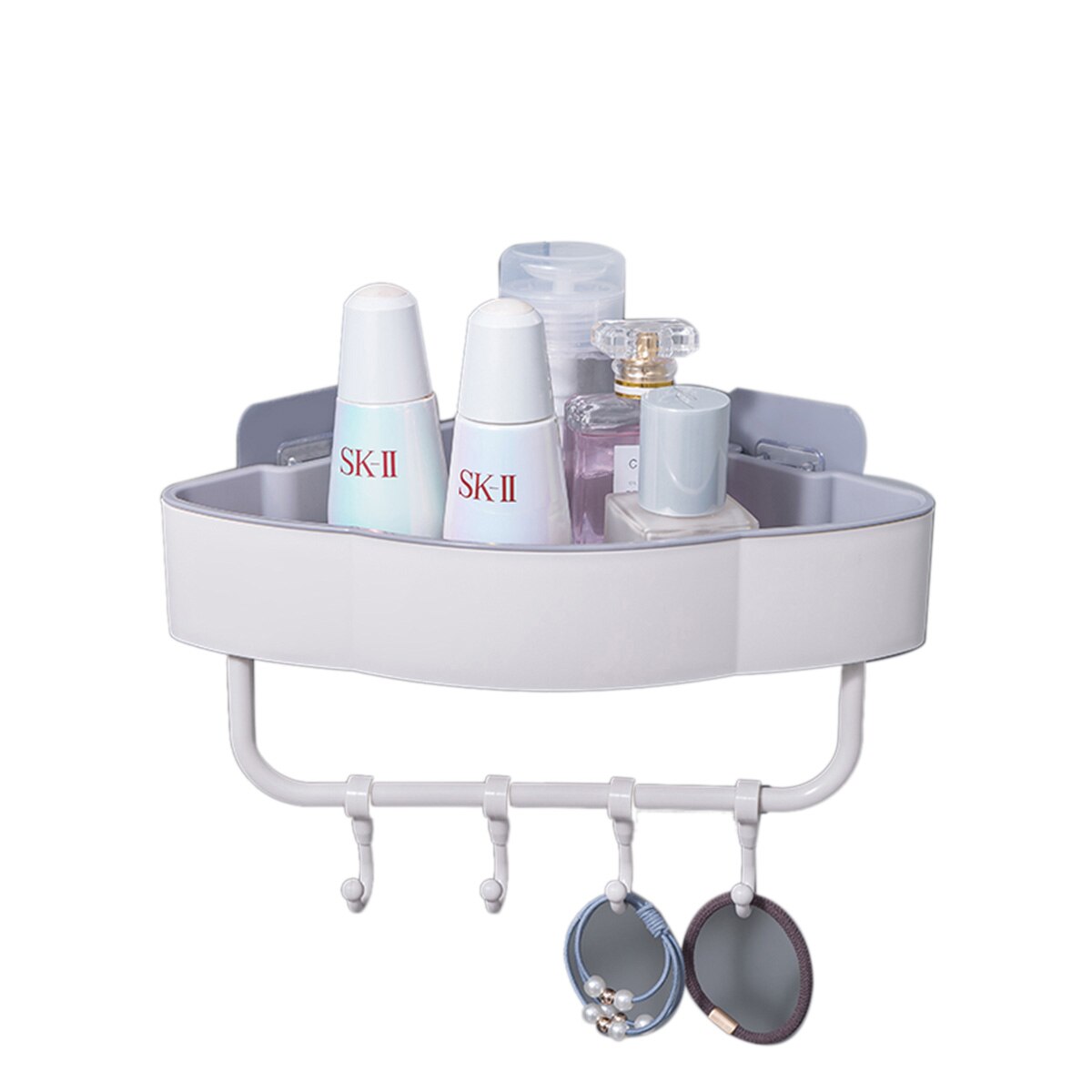 Estante de ducha Triangular para baño, esquinero de almacenamiento, organizador de ganchos: Beige