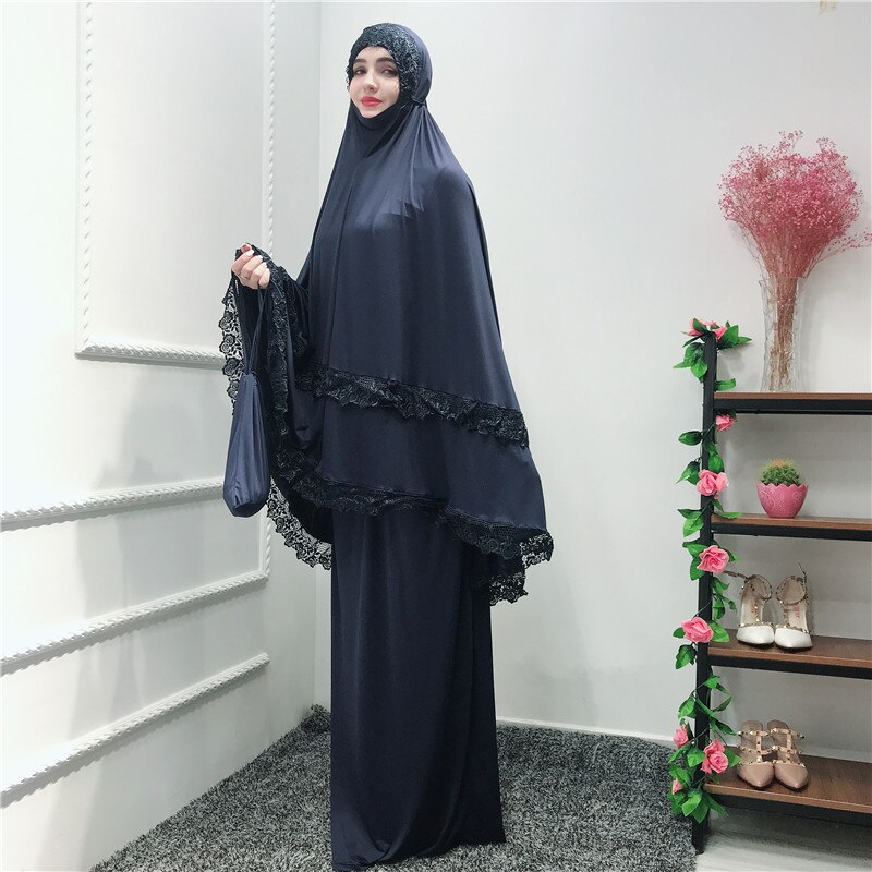 Muslimska ramadan böne plagg uppsättningar dyrka mantel kvinnor klänning turkiskt bröllop eid maxi dubai marockanska kaftan islamiska ropa 2 pecs: Marin