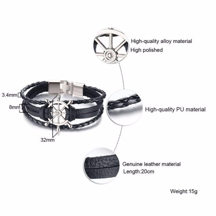 Pulsera de cuero multicapa con timón de marinero para hombre y mujer, brazaletes náuticos, brazalete Vintage,