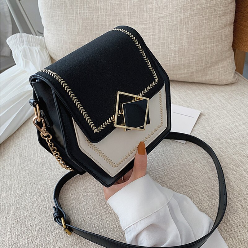 Hexagon multifunctionele pu leren handtas dames zomer crossbody tas mini ketting schoudertas slot messenger portemonnee: Zwart