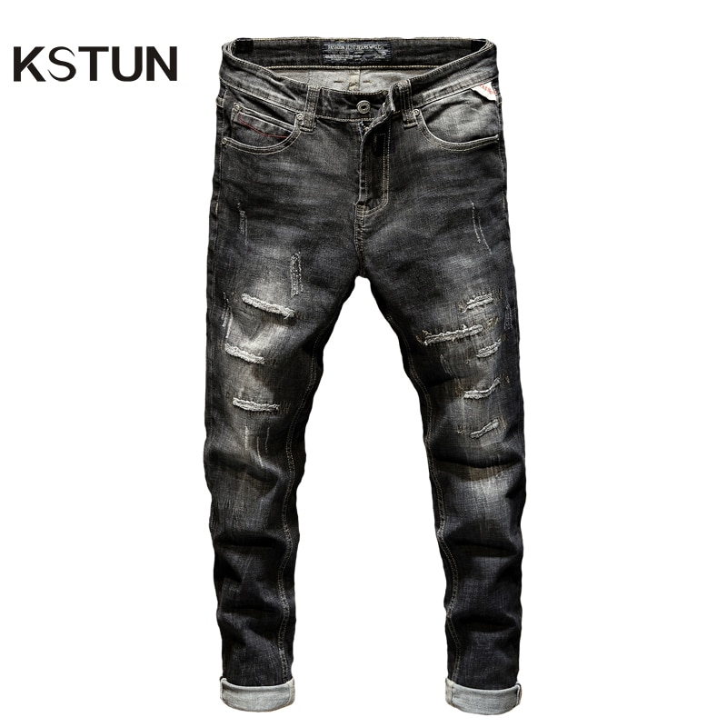 Kstun ripped jeans til mænd slim fit stretch high street style mandlige denimbukser flosset ødelagt vintage herre punk jeans