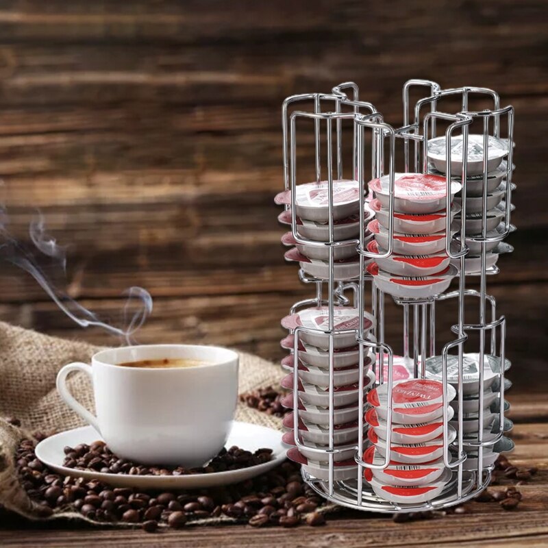 Coffee Capsule Rack Holder Carousel Holds 64 Capsules Modern Stainless Steel Rotatable Storage Organizer Display Stand