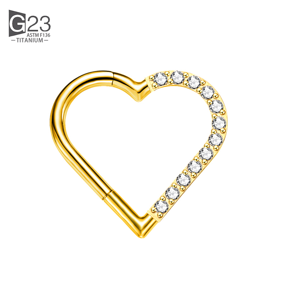 ASTM F-136 anneau de nez en titane Daith coeur boucle d'oreille cerceau Cartilage Tragus D forme Helix anneaux articulé Segment cerceau avec CZ clair: WHITE / Plaqué zinc noir