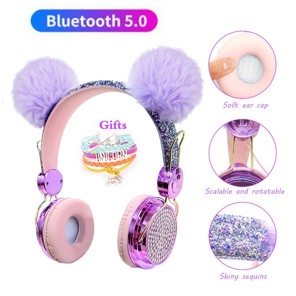 Bling fille enfant Bluetooth casque sans fil avec Microphone luxe paillettes mignon Hairball musique casque filaire téléphone casque