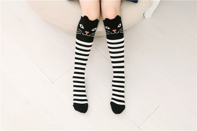 Chaussettes en coton pour enfants | Chaussettes montantes aux genoux avec oreilles de chat de dessin animé pour bébés filles, chauffantes les jambes,: stripe