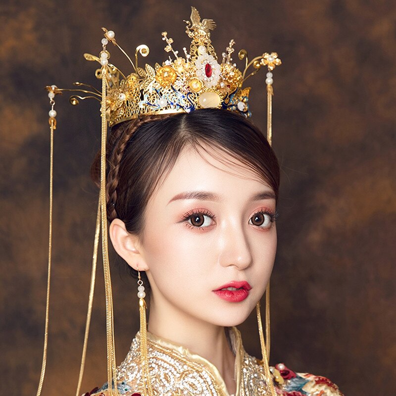 FORSEVEN Chinese Bride Bridal Wedding Hair Jewelry Sets China Gold Phoenix Flower Tiaras Crown with Tassels Dangle Earrings