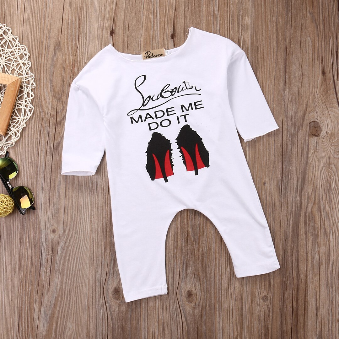 Funny Autumn Cotton Romper Newborn Baby Girl Boys High Heel Shoes Printed Romper Long sleeve one piece White Jumpsuit 0-18M