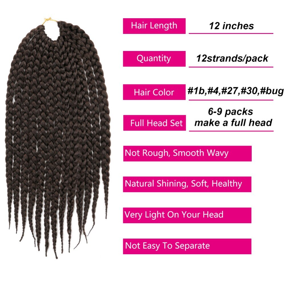GLAMO 12 Inch Ombre Box Braid Crotchet Hair Extensions Braids 80g/pc Micro Box Braid Hair Synthetic Bulk Crochet Braiding Hair