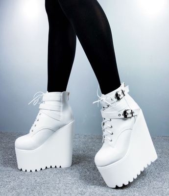 Wedges Ankle Boots White Black Rubber Sole Shoes Platform Boots Women Lacing Autumn Platform Heels Shoes Heel 16 cm: White / 36