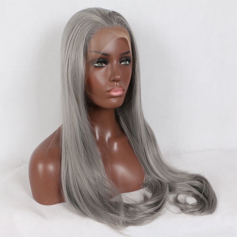 Bombshell Silvery Grey Straight Synthetic Hair Lace Front Wig Heat Resistant Fiber Natural Hairline Free Parting For Women Wigs