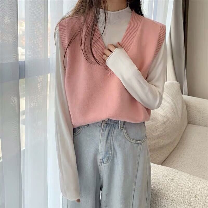 Otoño chaleco tejido cuello pico Mujer invierno suéter Chaleco Corto sin mangas suéter: Rosa