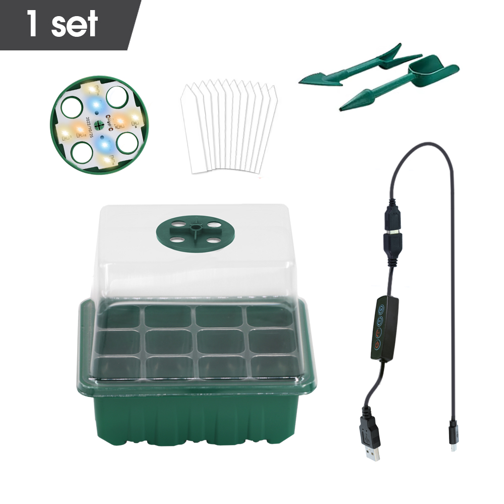 LED Nursery Pots with Grow Light Plant Seed Starter Trays Home Greenhouse Growing Lamp 12Cell Seedling Box Timer Kit Controller: army green