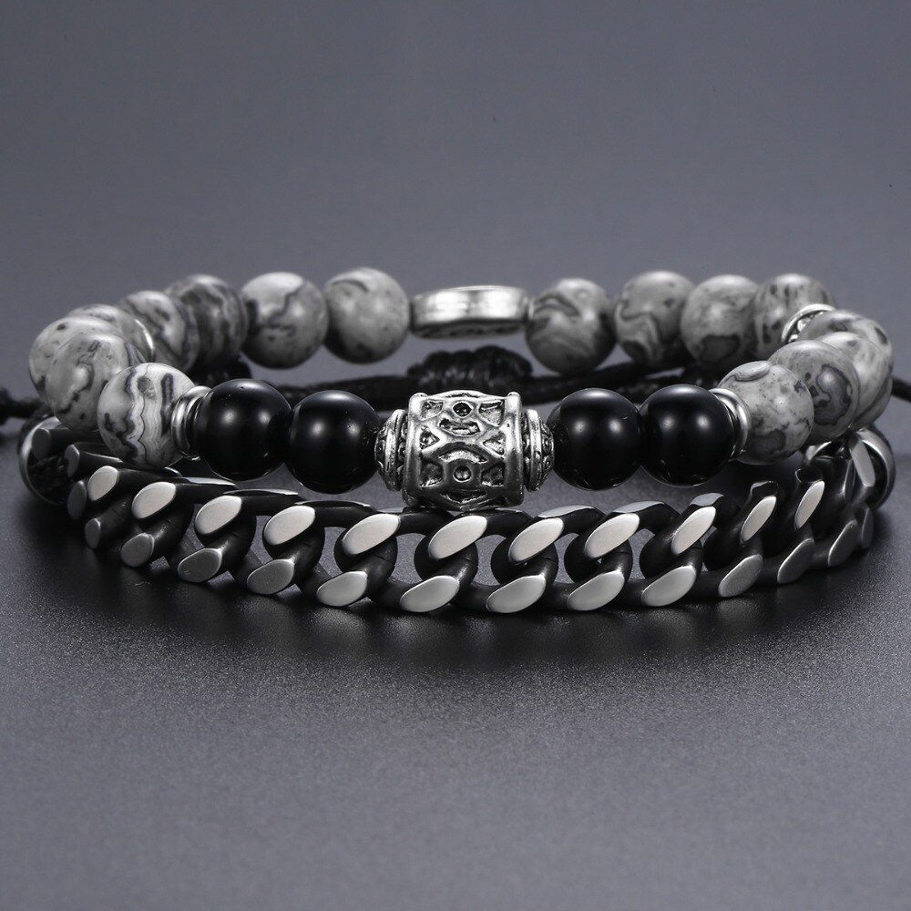 Unique Map Stone Men's Beaded Bracelet Stainless Steel Cuban Link Chain Bracelets Male Jewelry for Men DLBF11