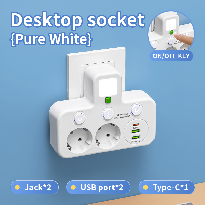 Regleta de enchufe estándar europeo montada en la pared con enchufe europeo con carga USB C, adaptador de filtro de red de interruptor independiente de 5 CA: Negro