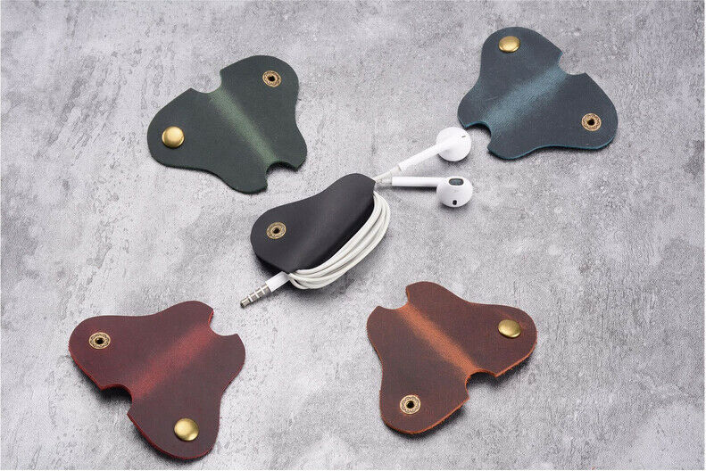 Organizador de cables para auriculares, soporte enrollador de cuero de vaca, 2 unidades