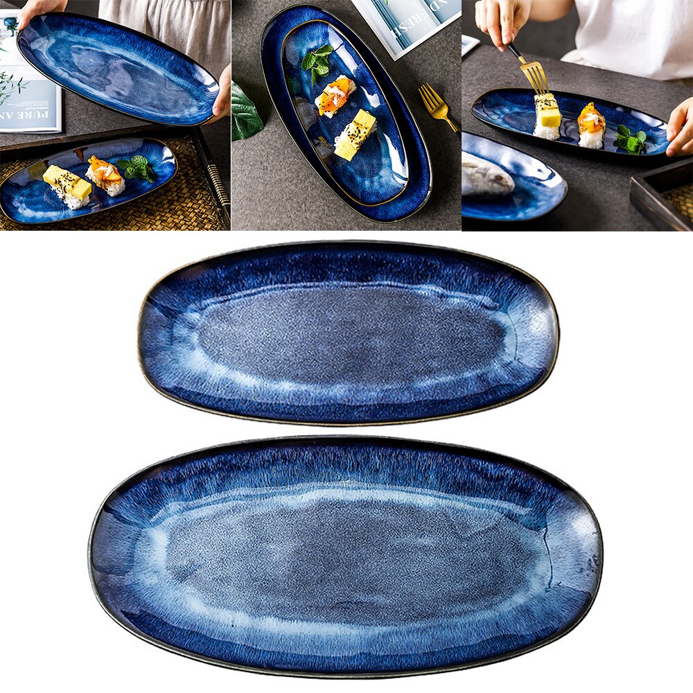 Blue Fish Plate Household Steamed Fish Fruit Dish Food Tray Food Large Serving Plate Large Glaze Color Sushi Plate For Kitchen