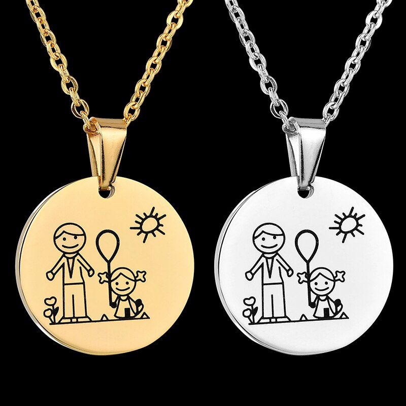 Lovely 316L Stainless Steel Family Necklace & Pendant For Mom Dad Son Daughter Love Cartoon Gold Color Link Chain Necklace