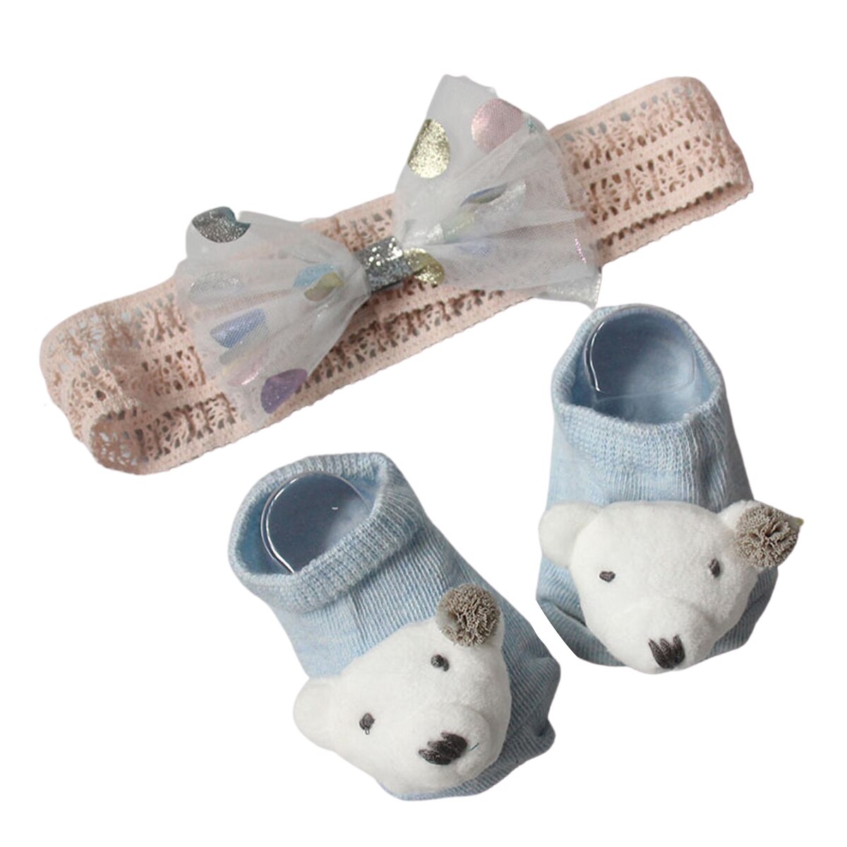 Newborn Baby Girl Lovely Socks Headband Set Flower Bowknot Crown Lace Headwrap + Booties Lace Cute Animal Decor Socks 2Pcs Set: E