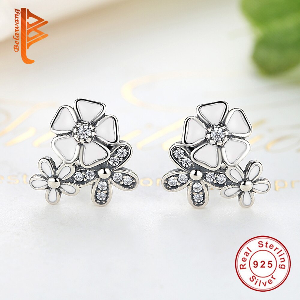 BELAWANG 925 Sterling Silber Gänseblümchen Blüte Zucht Ohrringe für Frauen Rosa Emaille Kristall Blume Ohrringe murmeln der Schild Schmuck