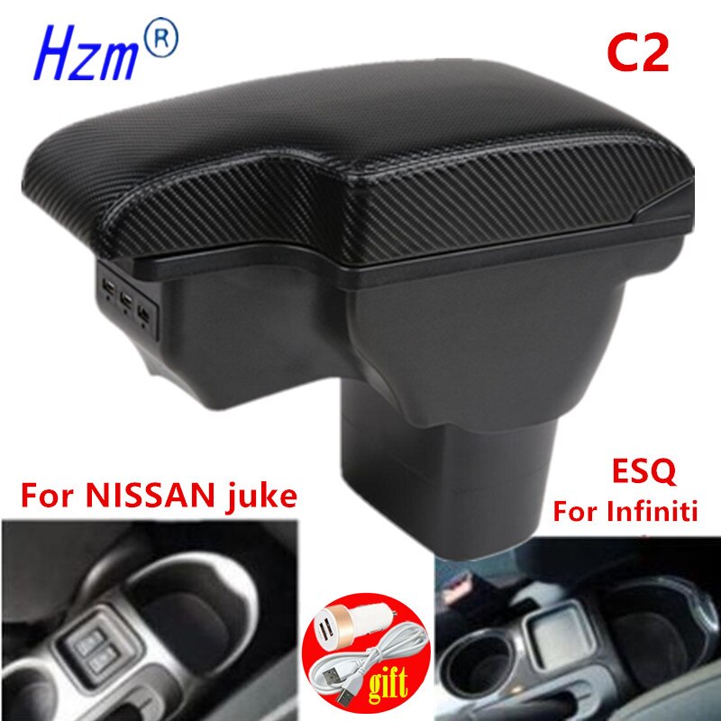 Koolstofvezel Voor Nissan Juke Armsteun Doos Voor Infiniti Esq Auto Armsteun Accessoires Interieur Opbergdoos Onderdelen usb Led: C2 carbon fiber