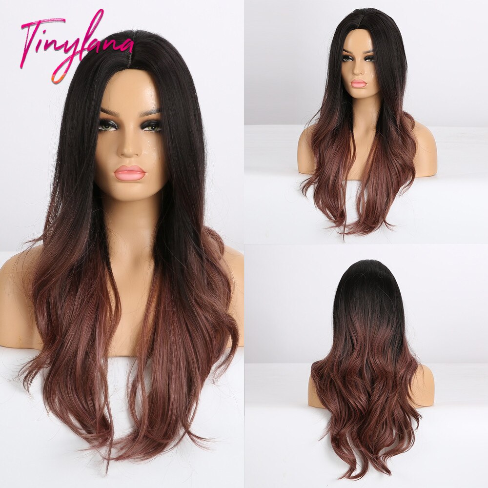 TINY LANA Synthetic Wigs Golden Ash Blonde Ombre Long Middle Point Wavy HairStyle Natural Hairline for Afro Women Heat Resistant
