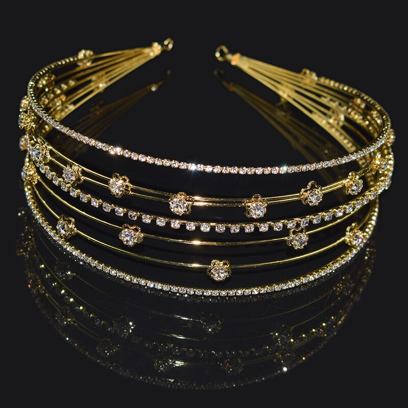 Luksusowa lśniąca ślubna kryształowa Tiara dla księżniczki na konkurs piękności Prom Rhinestone z pałąkiem na głowę cyrkon pasmo włosów akcesoria do włosów: TS-8015-Gold