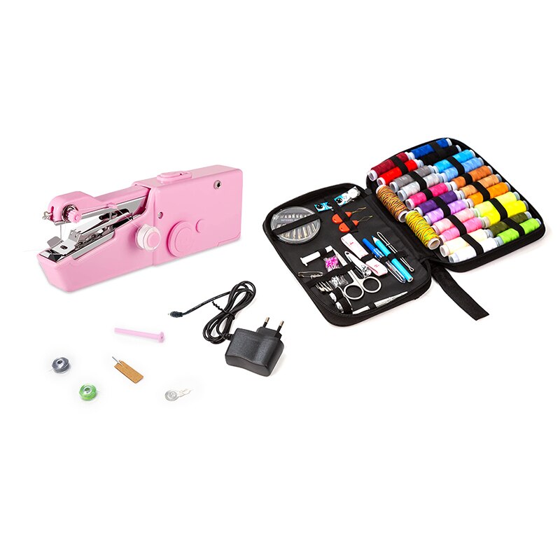 Mini Hand Sewing Machine Sew Needlework Cordless Clothes Fabrics Pink White Portable Mini Sewing Machine With Sewing Kits: Pink B (EU)