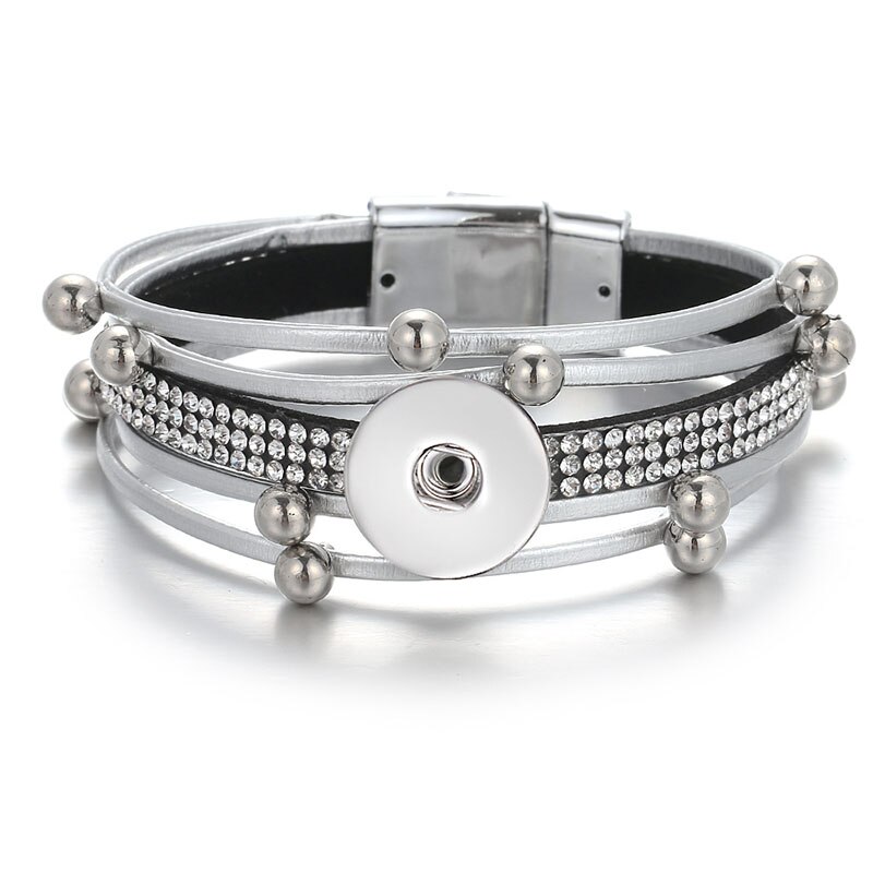 SE0218 bracelet en cuir multicouche perles cristal bohème 18mm bracelets pression ajustement 18MM boutons pression bijoux: silver