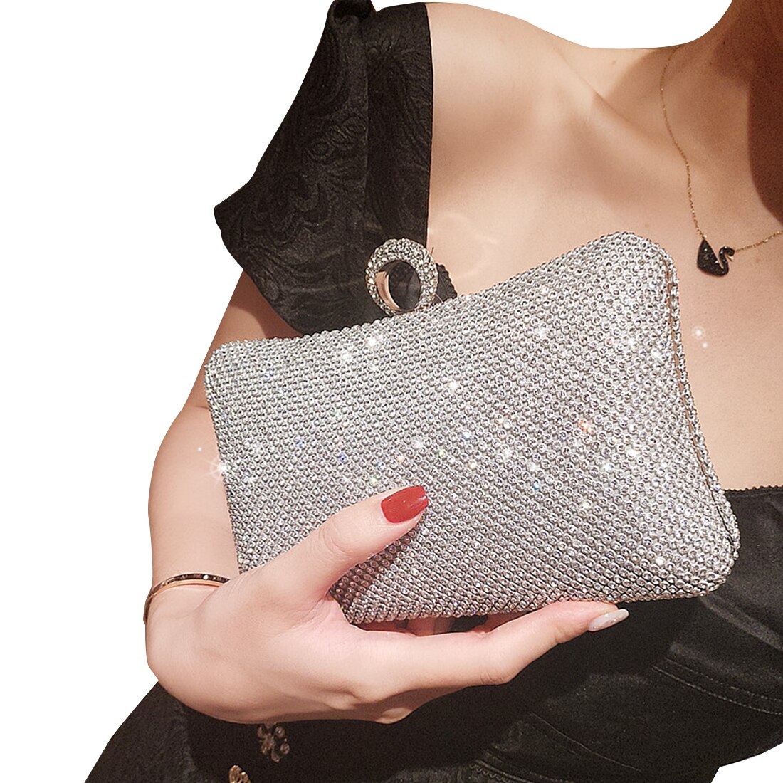 Zilveren Clutch Bag Glitter Glanzend Avondtasje Bruiloft Banket Koppelingen Met Ketting Purse Rhinestone Elegante Party Pouch