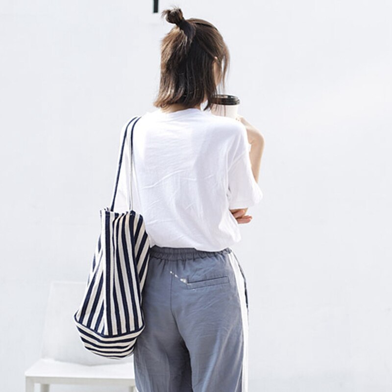 Mulheres listrado lona bolsa verão praia clássico tecido macio grande bolsa feminina casual tira fina azul