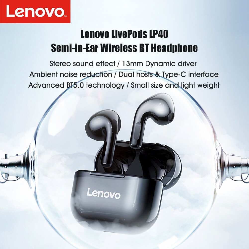 NEUE Original Lenovo LP40 TWS Drahtlose Kopfhörer Bluetooth 5,0 Dual Stereo Noise Reduktion Bass Touch Steuerung Lange Standby 300mAH