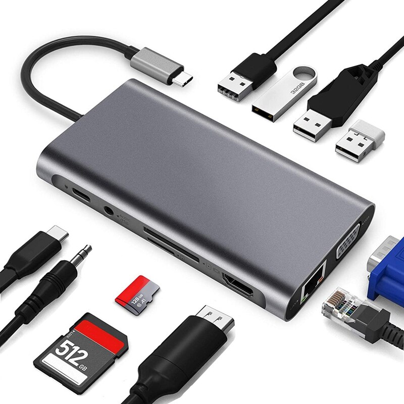 11 In 1 Usb C Hub Met 4 Usb Gigabit Ethernet Vga Hdmi Usb C Met Power Levering Audio Poort sd En Mini Sd-kaart