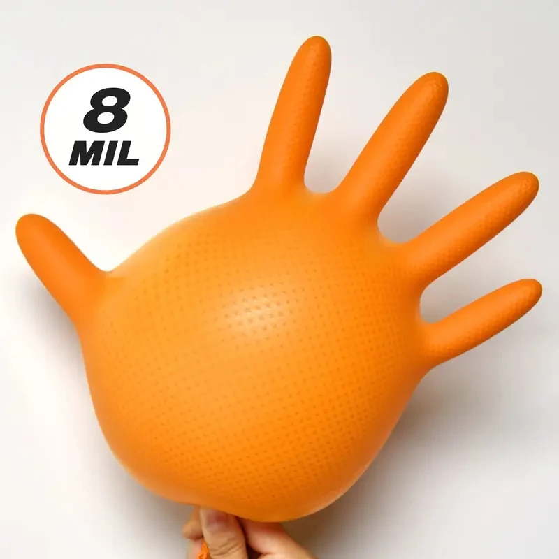 Guantes desechables Guantes de nitrilo naranja resistentes 8 mil industriales con agarre con textura de diamante para seguridad mecánica y guantes de trabajo