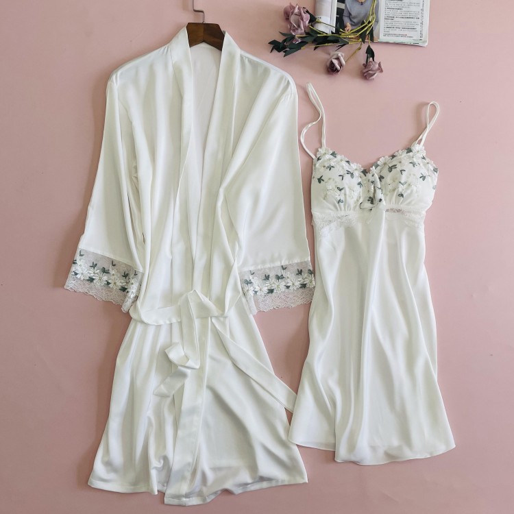 White Bride Sexy Satin Lace Robe Sets 2PCS Summer Womens Kimono Gown V-Neck Embroidery Bathrobe Casual Sweet Thin Loungewear: White / L