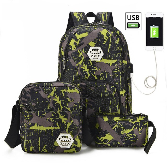 3 pièces/ensemble USB mâle sacs à dos lycée sacs pour femmes garçons une épaule grand étudiant voyage sac hommes école sac à dos mochila: green1
