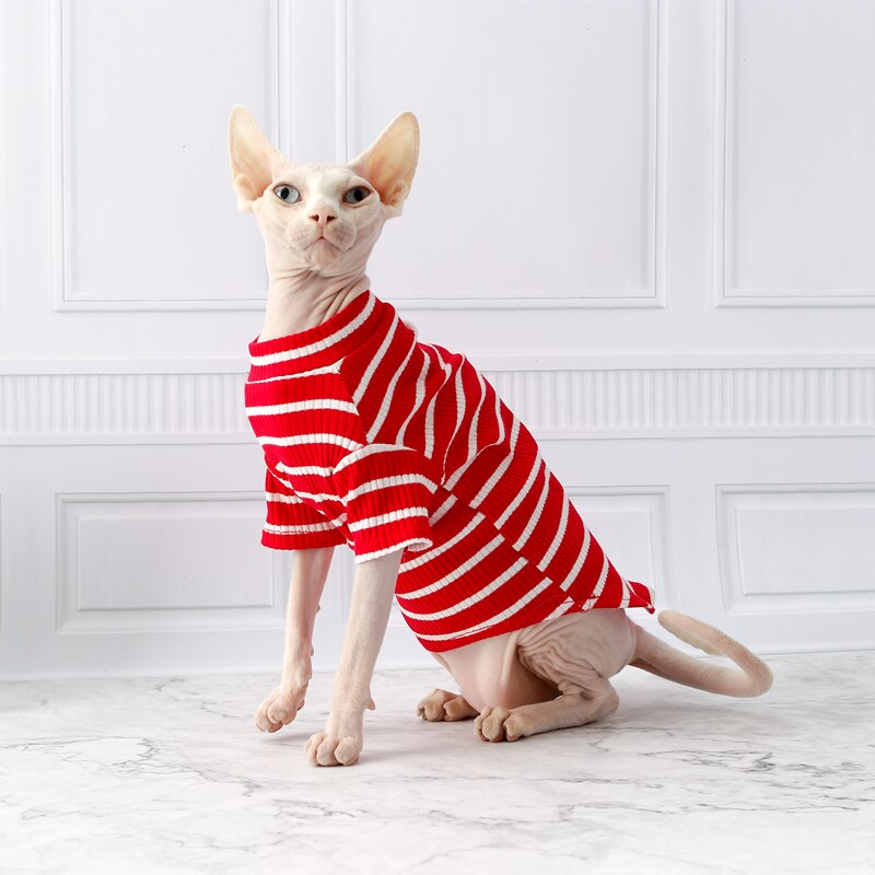 Kattgenser katteklær davins finker bomull tweed stripet vest tynn liten hundeklær elastiske strikkeklær: Rød halverme / L