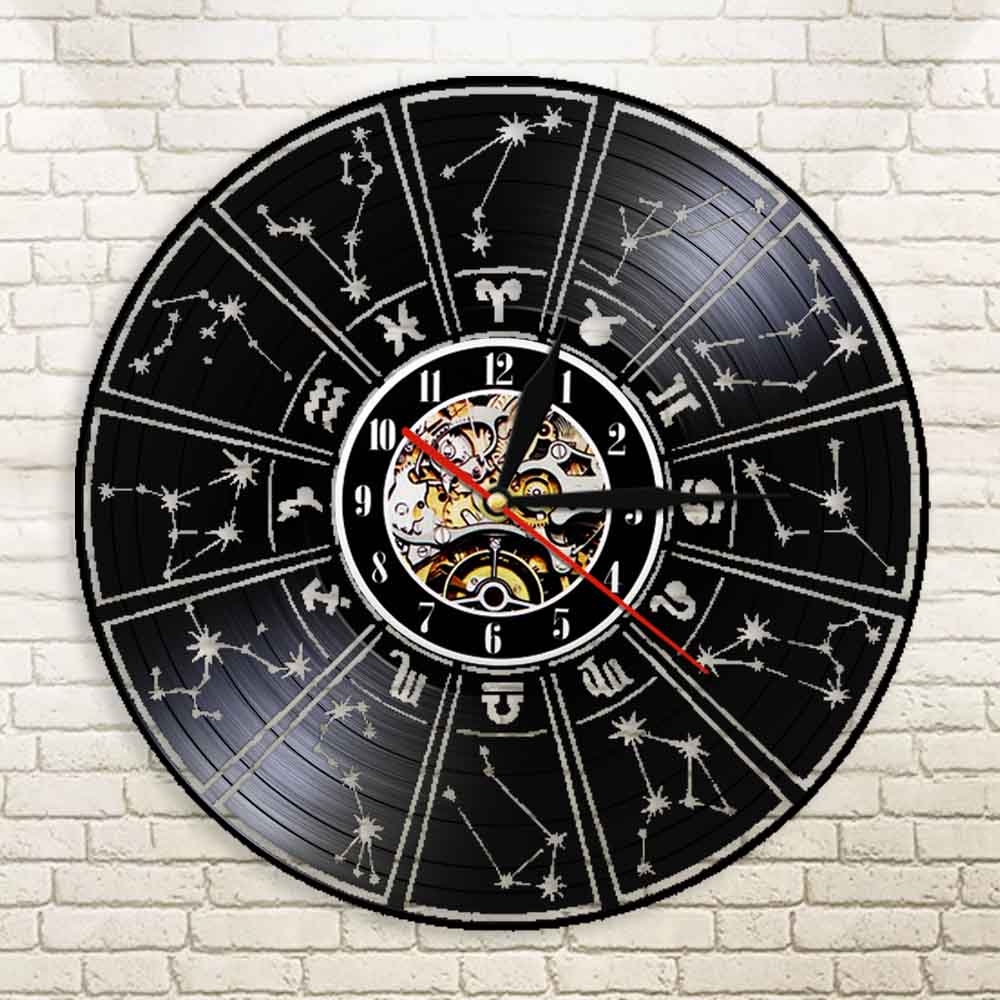 Vinyl Home Decor Wall Clock Zodiac Sign Vinyl Record Wall Clock Astrology Stars Decorative Wall Watch Clock Zodiac