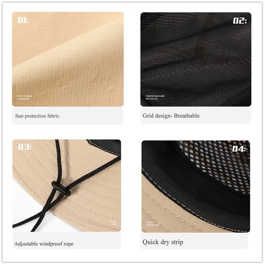 Fralu Zomer Hoeden Mannen Zon Protector Uv-Proof Ademend Emmer Hoed Grote Brede Rand Wandelen Outdoor Vissen Strand Cap cowboy