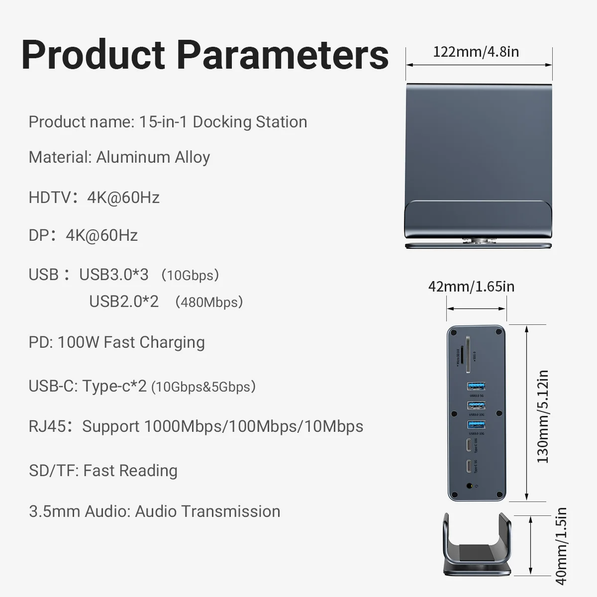 15 in 1 USB C Docking Station USB C Hub Type C Hub Dual HDMI Adapter USB 3.0 10Gbps Splitter 4K60Hz/RJ45 1000M/USB3.0/PD100W