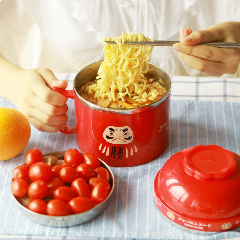 Cartoon Noodle Bowl Instant Stainless Steel Bowls with Lid with Handle Food Container Rice Vessel Lunch Box Home Accessory: Rood