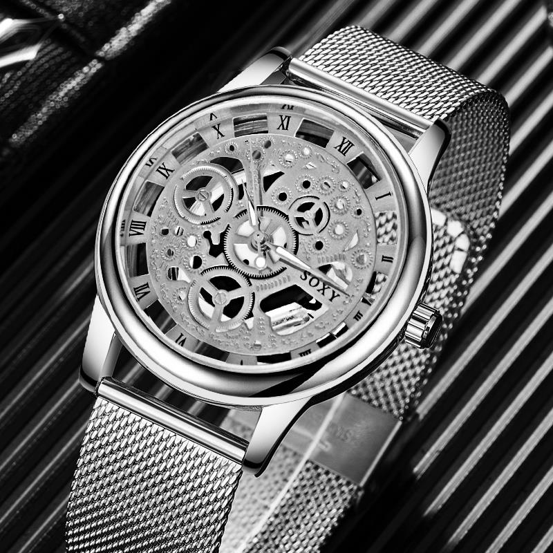 Skeleton Horloge Mannen Mesh Riem Mannen Vrouwen Unisex Skeleton Horloge Quartz Horloges Hollow Horloges Erkek Kol Saati