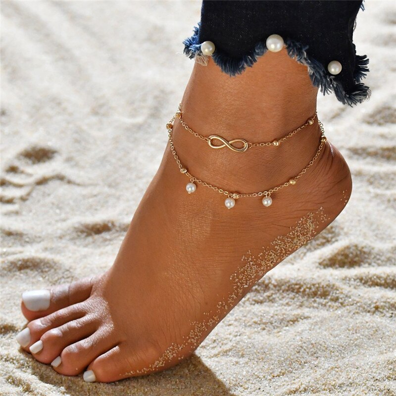 Bracelet de cheville de couleur argent pour femmes, style bohémien, accessoire de cheville sur la jambe, avec cœur, pour pieds nus, chaîne, bijoux de plage: 50185