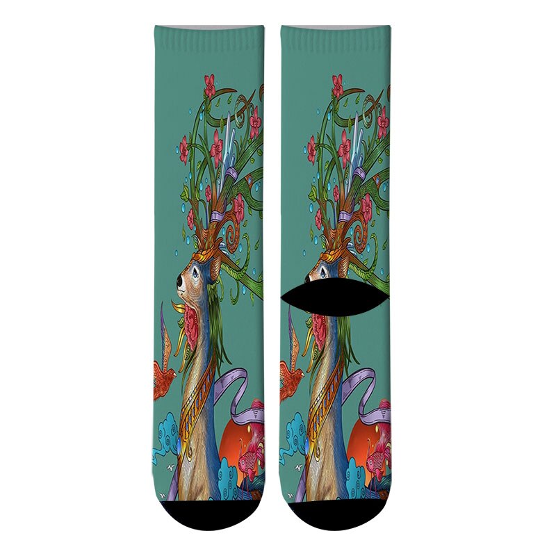 3D Printed Harajuku Japanese Ukiyoe Animals Paint Crew Socks Men Whale Deer Long Socks Phoenix Dragon Men&#39;s Dress Tube Socks