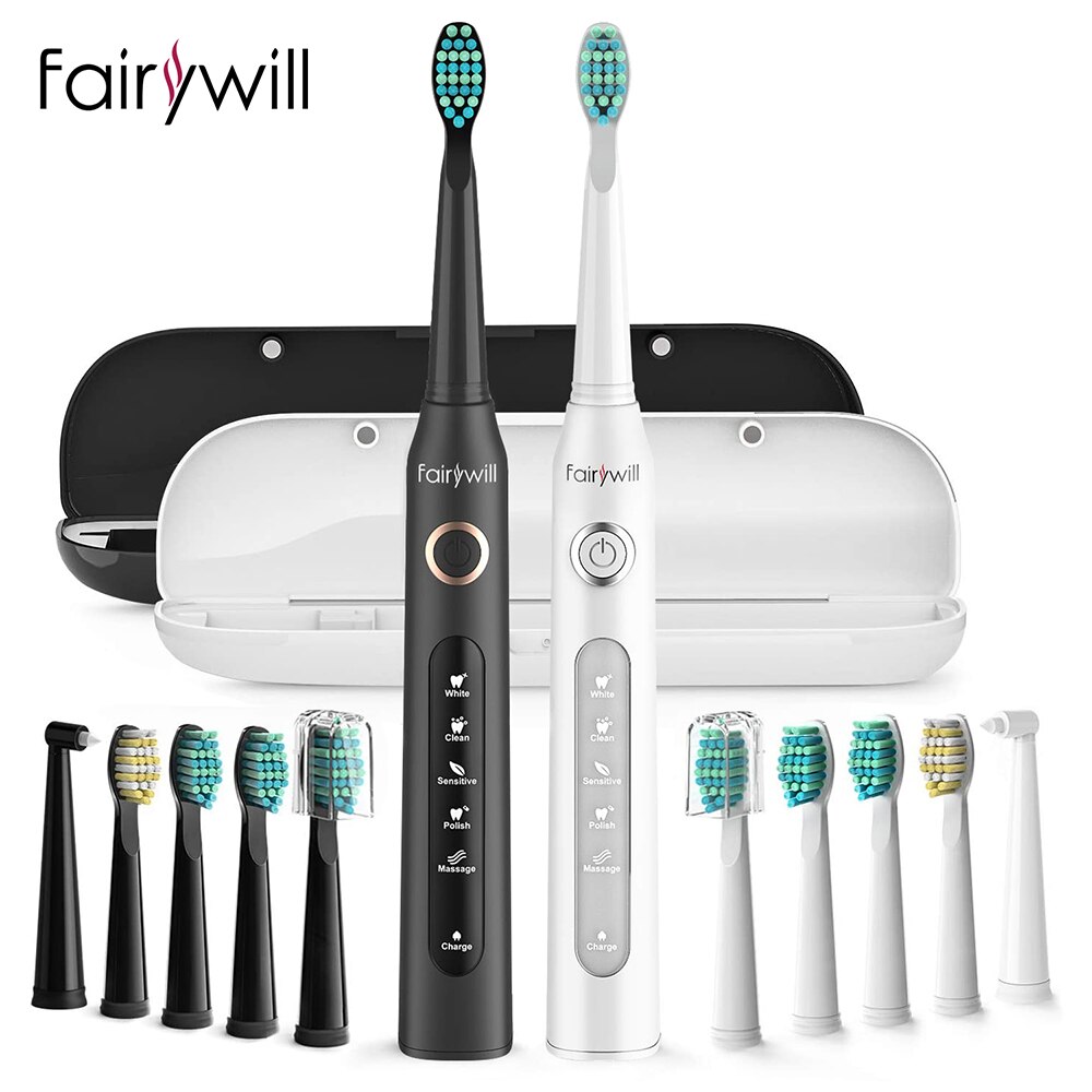 Fairywill Elektrisk Tannbørste - 5 Moduser - Smart Timer - Oppladbar Sonic - 8 Børstehoder - Reiseetui: Fw -507-420- bw-sett