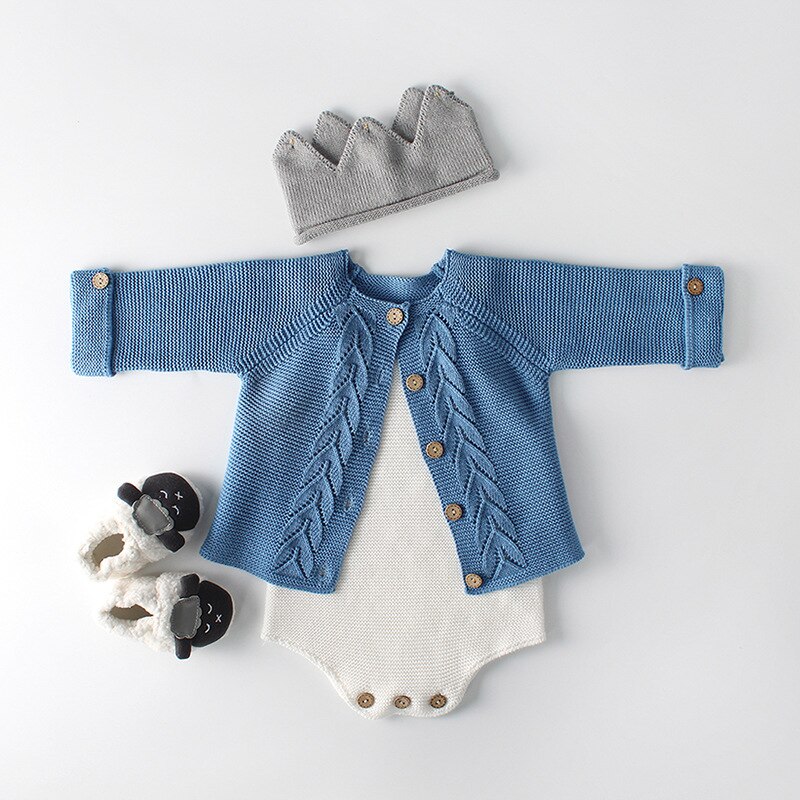 Focusnorm 0-24M Herfst Winter Baby Meisjes Jongens Een Stuk Romper/Trui Jas Solid Button Knit Warm outfits