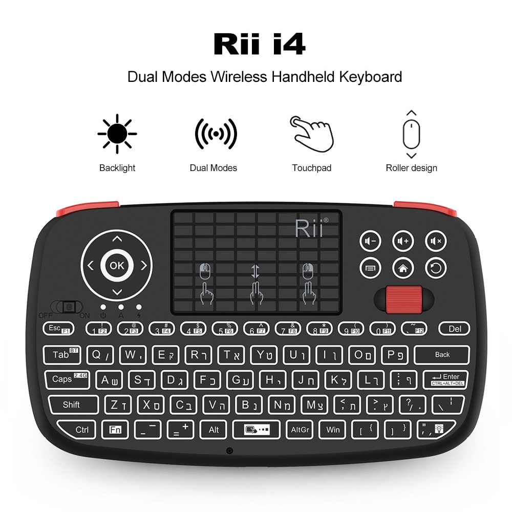 Rii i4 Hebreeuws Mini Toetsenbord 2.4GHz Bluetooth Dual Modi Handheld Toets Backlit Muis Touchpad voor Windows Android