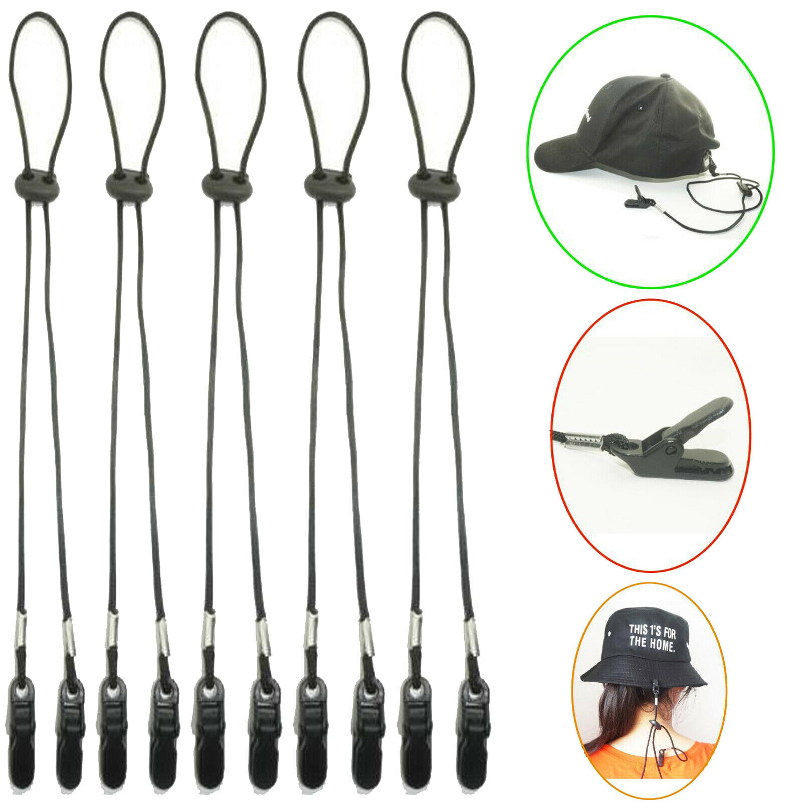 5 x VERSTELBARE Cap Eyewear Retainer Hoed Leash Clip Houder Zwart Nylon Koord Band